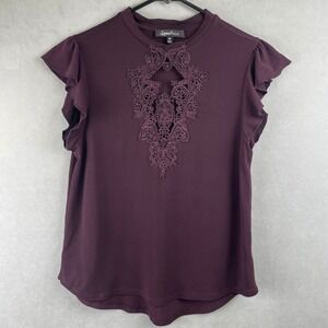Sweet Rain Plum Purple Lace Crochet Mock Neck Ruffle Cap Sleeve Top T95489 M
